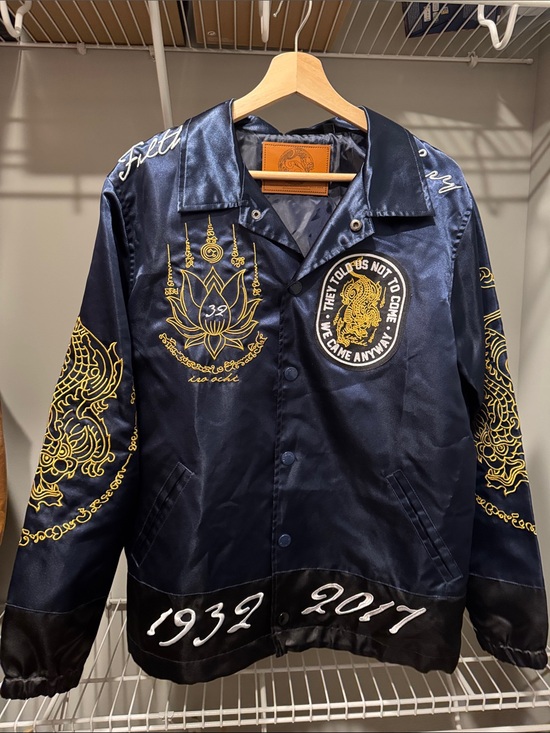 Other - Navy Satin Embroidered Jacket with Gold Accents